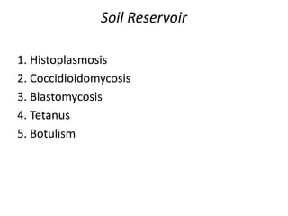 Soil Reservoir
1. Histoplasmosis
2. Coccidioidomycosis
3. Blastomycosis
4. Tetanus
5. Botulism

 
