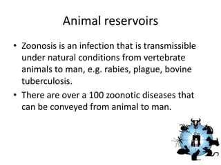 Animal reservoirs
• Zoonosis is an infection that is transmissible
under natural conditions from vertebrate
animals to man, e.g. rabies, plague, bovine
tuberculosis.
• There are over a 100 zoonotic diseases that
can be conveyed from animal to man.

 