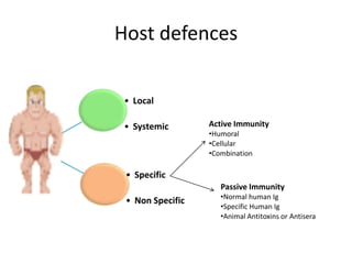 Host defences
• Local
• Systemic

Active Immunity
•Humoral
•Cellular
•Combination

• Specific
Passive Immunity

• Non Specific

•Normal human Ig
•Specific Human Ig
•Animal Antitoxins or Antisera

 