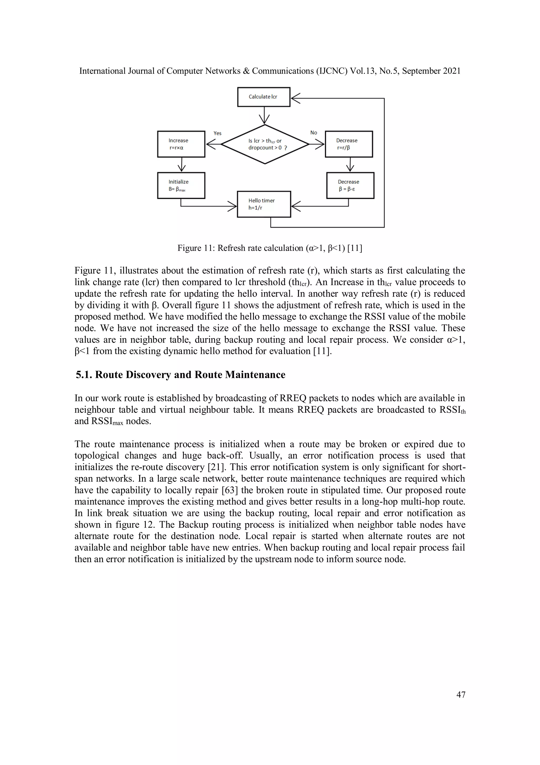 International Journal of Computer Networks & Communications (IJCNC) Vol.13, No.5, September 2021
47
Figure 11: Refresh rate calculation (α>1, β<1) [11]
Figure 11, illustrates about the estimation of refresh rate (r), which starts as first calculating the
link change rate (lcr) then compared to lcr threshold (thlcr). An Increase in thlcr value proceeds to
update the refresh rate for updating the hello interval. In another way refresh rate (r) is reduced
by dividing it with β. Overall figure 11 shows the adjustment of refresh rate, which is used in the
proposed method. We have modified the hello message to exchange the RSSI value of the mobile
node. We have not increased the size of the hello message to exchange the RSSI value. These
values are in neighbor table, during backup routing and local repair process. We consider α>1,
β<1 from the existing dynamic hello method for evaluation [11].
5.1. Route Discovery and Route Maintenance
In our work route is established by broadcasting of RREQ packets to nodes which are available in
neighbour table and virtual neighbour table. It means RREQ packets are broadcasted to RSSIth
and RSSImax nodes.
The route maintenance process is initialized when a route may be broken or expired due to
topological changes and huge back-off. Usually, an error notification process is used that
initializes the re-route discovery [21]. This error notification system is only significant for short-
span networks. In a large scale network, better route maintenance techniques are required which
have the capability to locally repair [63] the broken route in stipulated time. Our proposed route
maintenance improves the existing method and gives better results in a long-hop multi-hop route.
In link break situation we are using the backup routing, local repair and error notification as
shown in figure 12. The Backup routing process is initialized when neighbor table nodes have
alternate route for the destination node. Local repair is started when alternate routes are not
available and neighbor table have new entries. When backup routing and local repair process fail
then an error notification is initialized by the upstream node to inform source node.
 