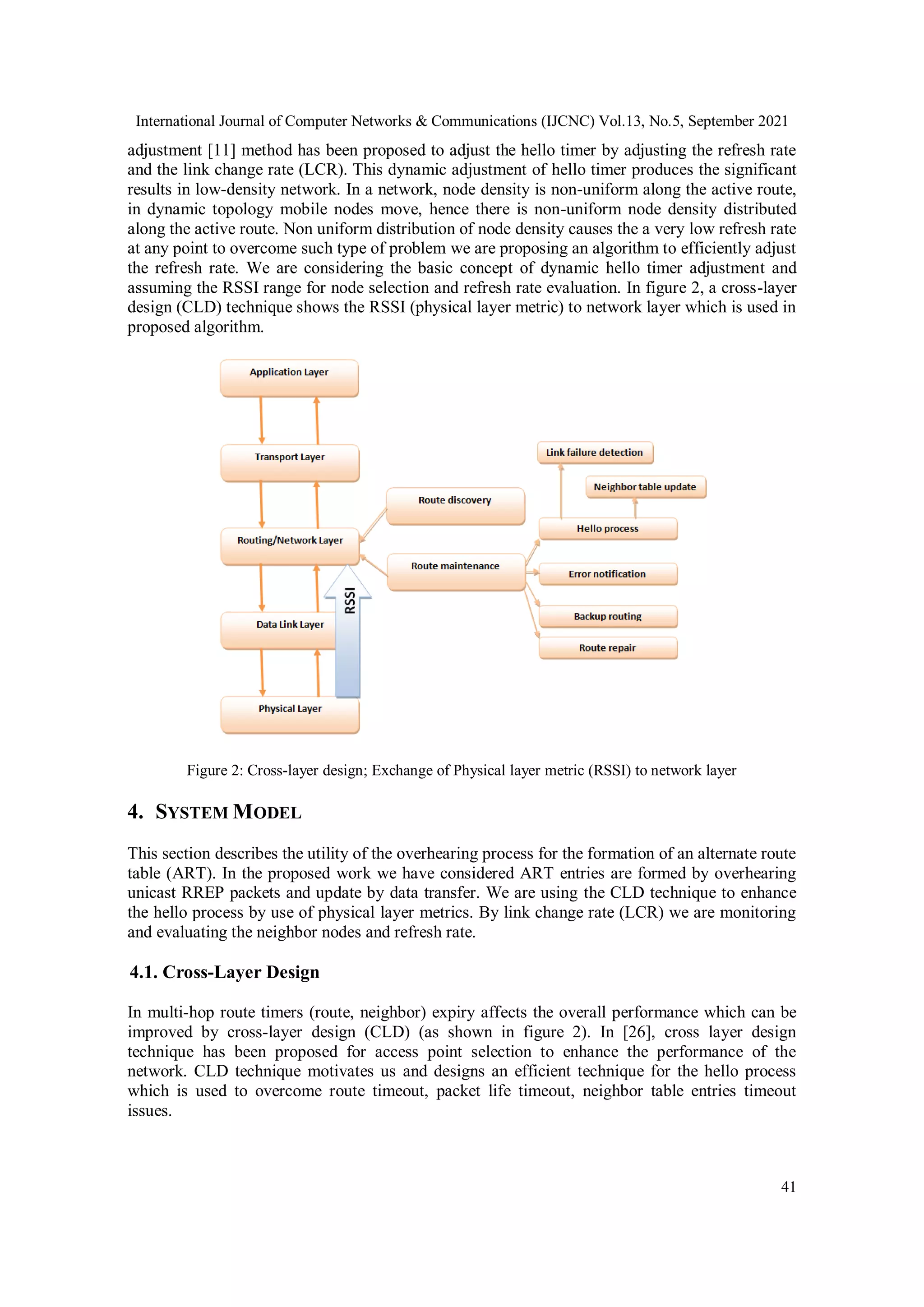 International Journal of Computer Networks & Communications (IJCNC) Vol.13, No.5, September 2021
41
adjustment [11] method has been proposed to adjust the hello timer by adjusting the refresh rate
and the link change rate (LCR). This dynamic adjustment of hello timer produces the significant
results in low-density network. In a network, node density is non-uniform along the active route,
in dynamic topology mobile nodes move, hence there is non-uniform node density distributed
along the active route. Non uniform distribution of node density causes the a very low refresh rate
at any point to overcome such type of problem we are proposing an algorithm to efficiently adjust
the refresh rate. We are considering the basic concept of dynamic hello timer adjustment and
assuming the RSSI range for node selection and refresh rate evaluation. In figure 2, a cross-layer
design (CLD) technique shows the RSSI (physical layer metric) to network layer which is used in
proposed algorithm.
Figure 2: Cross-layer design; Exchange of Physical layer metric (RSSI) to network layer
4. SYSTEM MODEL
This section describes the utility of the overhearing process for the formation of an alternate route
table (ART). In the proposed work we have considered ART entries are formed by overhearing
unicast RREP packets and update by data transfer. We are using the CLD technique to enhance
the hello process by use of physical layer metrics. By link change rate (LCR) we are monitoring
and evaluating the neighbor nodes and refresh rate.
4.1. Cross-Layer Design
In multi-hop route timers (route, neighbor) expiry affects the overall performance which can be
improved by cross-layer design (CLD) (as shown in figure 2). In [26], cross layer design
technique has been proposed for access point selection to enhance the performance of the
network. CLD technique motivates us and designs an efficient technique for the hello process
which is used to overcome route timeout, packet life timeout, neighbor table entries timeout
issues.
 