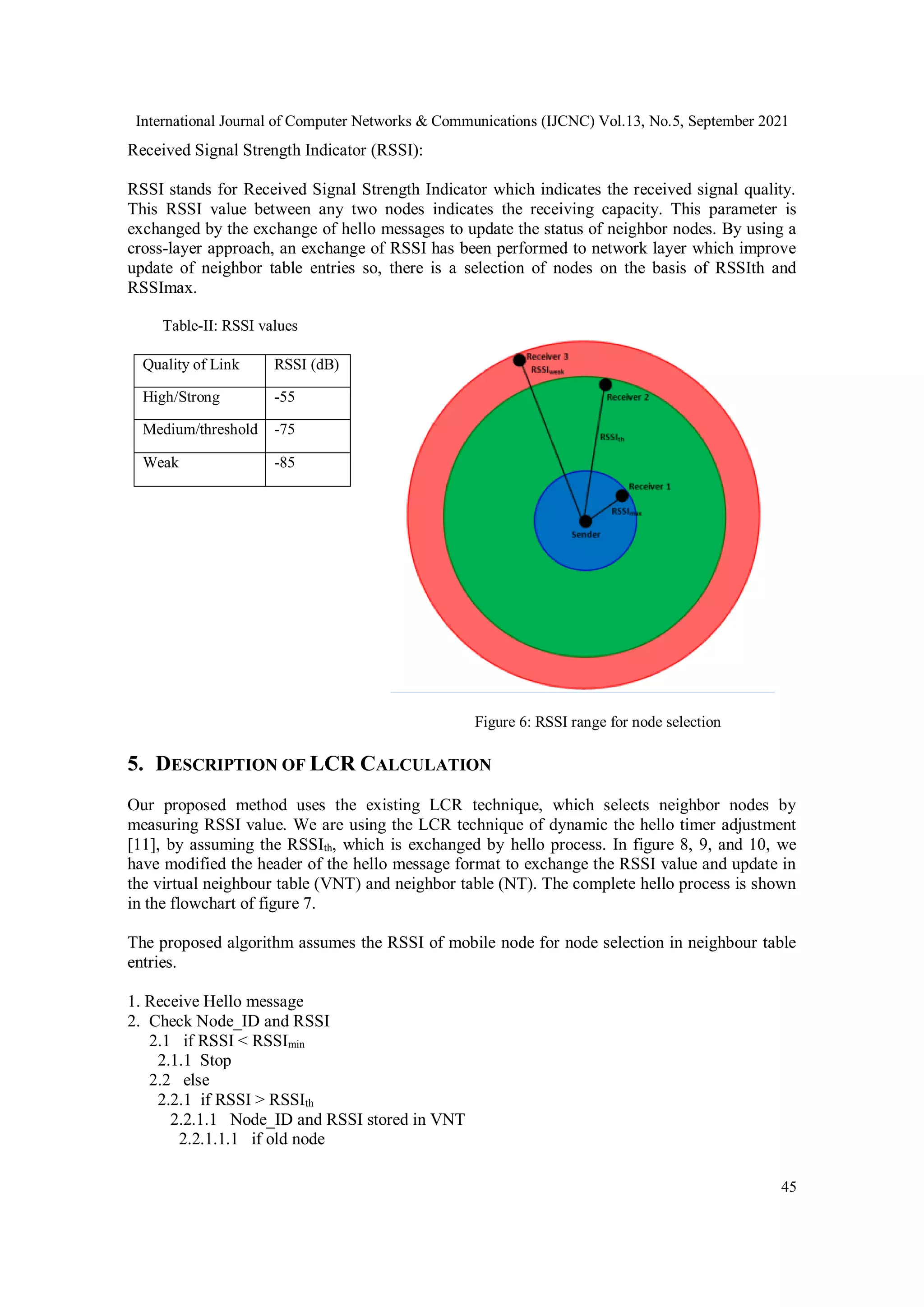 International Journal of Computer Networks & Communications (IJCNC) Vol.13, No.5, September 2021
45
Received Signal Strength Indicator (RSSI):
RSSI stands for Received Signal Strength Indicator which indicates the received signal quality.
This RSSI value between any two nodes indicates the receiving capacity. This parameter is
exchanged by the exchange of hello messages to update the status of neighbor nodes. By using a
cross-layer approach, an exchange of RSSI has been performed to network layer which improve
update of neighbor table entries so, there is a selection of nodes on the basis of RSSIth and
RSSImax.
Table-II: RSSI values
Figure 6: RSSI range for node selection
5. DESCRIPTION OF LCR CALCULATION
Our proposed method uses the existing LCR technique, which selects neighbor nodes by
measuring RSSI value. We are using the LCR technique of dynamic the hello timer adjustment
[11], by assuming the RSSIth, which is exchanged by hello process. In figure 8, 9, and 10, we
have modified the header of the hello message format to exchange the RSSI value and update in
the virtual neighbour table (VNT) and neighbor table (NT). The complete hello process is shown
in the flowchart of figure 7.
The proposed algorithm assumes the RSSI of mobile node for node selection in neighbour table
entries.
1. Receive Hello message
2. Check Node_ID and RSSI
2.1 if RSSI < RSSImin
2.1.1 Stop
2.2 else
2.2.1 if RSSI > RSSIth
2.2.1.1 Node_ID and RSSI stored in VNT
2.2.1.1.1 if old node
Quality of Link RSSI (dB)
High/Strong -55
Medium/threshold -75
Weak -85
 
