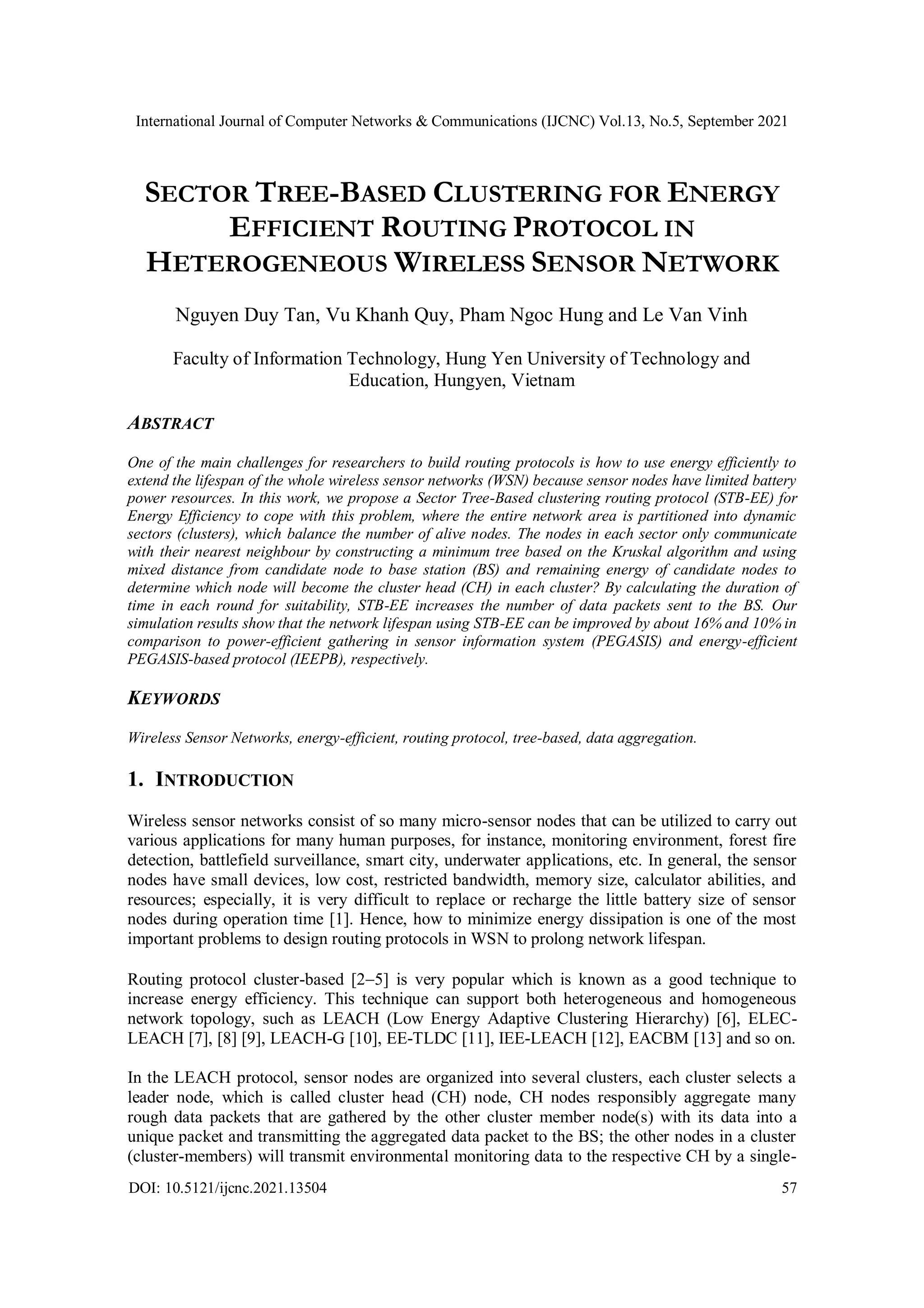 SECTOR TREE-BASED CLUSTERING FOR ENERGY EFFICIENT ROUTING PROTOCOL IN ...