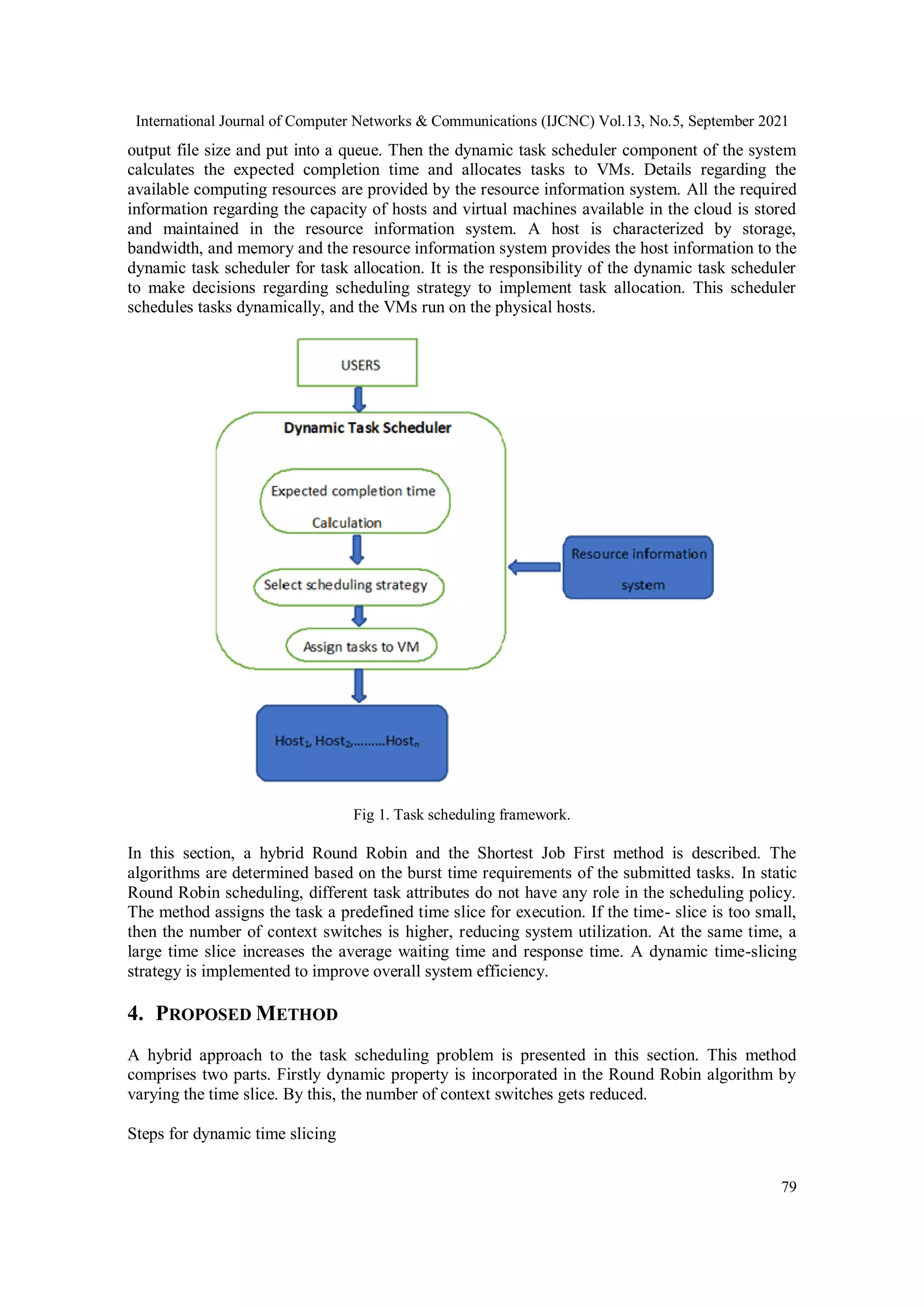 International Journal of Computer Networks & Communications (IJCNC) Vol.13, No.5, September 2021
79
output file size and put into a queue. Then the dynamic task scheduler component of the system
calculates the expected completion time and allocates tasks to VMs. Details regarding the
available computing resources are provided by the resource information system. All the required
information regarding the capacity of hosts and virtual machines available in the cloud is stored
and maintained in the resource information system. A host is characterized by storage,
bandwidth, and memory and the resource information system provides the host information to the
dynamic task scheduler for task allocation. It is the responsibility of the dynamic task scheduler
to make decisions regarding scheduling strategy to implement task allocation. This scheduler
schedules tasks dynamically, and the VMs run on the physical hosts.
Fig 1. Task scheduling framework.
In this section, a hybrid Round Robin and the Shortest Job First method is described. The
algorithms are determined based on the burst time requirements of the submitted tasks. In static
Round Robin scheduling, different task attributes do not have any role in the scheduling policy.
The method assigns the task a predefined time slice for execution. If the time- slice is too small,
then the number of context switches is higher, reducing system utilization. At the same time, a
large time slice increases the average waiting time and response time. A dynamic time-slicing
strategy is implemented to improve overall system efficiency.
4. PROPOSED METHOD
A hybrid approach to the task scheduling problem is presented in this section. This method
comprises two parts. Firstly dynamic property is incorporated in the Round Robin algorithm by
varying the time slice. By this, the number of context switches gets reduced.
Steps for dynamic time slicing
 