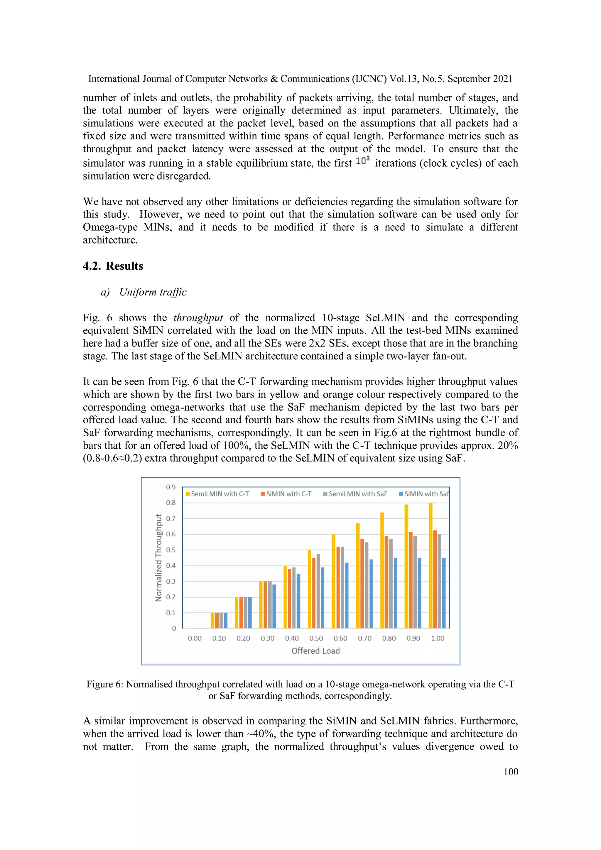 International Journal of Computer Networks & Communications (IJCNC) Vol.13, No.5, September 2021
100
number of inlets and outlets, the probability of packets arriving, the total number of stages, and
the total number of layers were originally determined as input parameters. Ultimately, the
simulations were executed at the packet level, based on the assumptions that all packets had a
fixed size and were transmitted within time spans of equal length. Performance metrics such as
throughput and packet latency were assessed at the output of the model. To ensure that the
simulator was running in a stable equilibrium state, the first iterations (clock cycles) of each
simulation were disregarded.
We have not observed any other limitations or deficiencies regarding the simulation software for
this study. However, we need to point out that the simulation software can be used only for
Omega-type MINs, and it needs to be modified if there is a need to simulate a different
architecture.
4.2. Results
a) Uniform traffic
Fig. 6 shows the throughput of the normalized 10-stage SeLMIN and the corresponding
equivalent SiMIN correlated with the load on the MIN inputs. All the test-bed MINs examined
here had a buffer size of one, and all the SEs were 2x2 SEs, except those that are in the branching
stage. The last stage of the SeLMIN architecture contained a simple two-layer fan-out.
It can be seen from Fig. 6 that the C-T forwarding mechanism provides higher throughput values
which are shown by the first two bars in yellow and orange colour respectively compared to the
corresponding omega-networks that use the SaF mechanism depicted by the last two bars per
offered load value. The second and fourth bars show the results from SiMINs using the C-T and
SaF forwarding mechanisms, correspondingly. It can be seen in Fig.6 at the rightmost bundle of
bars that for an offered load of 100%, the SeLMIN with the C-T technique provides approx. 20%
(0.8-0.6≈0.2) extra throughput compared to the SeLMIN of equivalent size using SaF.
Figure 6: Normalised throughput correlated with load on a 10-stage omega-network operating via the C-T
or SaF forwarding methods, correspondingly.
A similar improvement is observed in comparing the SiMIN and SeLMIN fabrics. Furthermore,
when the arrived load is lower than ~40%, the type of forwarding technique and architecture do
not matter. From the same graph, the normalized throughput’s values divergence owed to
 