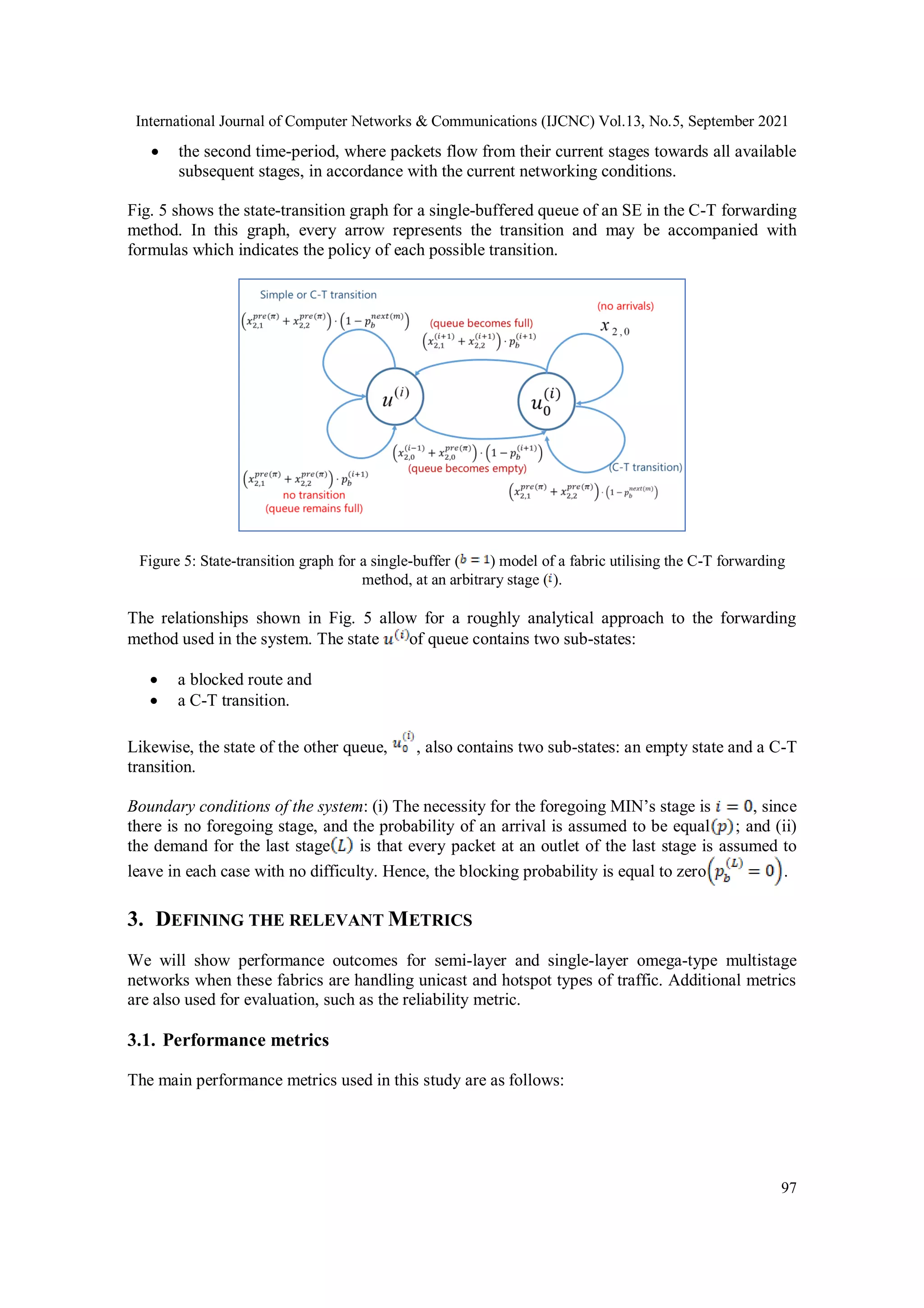 International Journal of Computer Networks & Communications (IJCNC) Vol.13, No.5, September 2021
97
 the second time-period, where packets flow from their current stages towards all available
subsequent stages, in accordance with the current networking conditions.
Fig. 5 shows the state-transition graph for a single-buffered queue of an SE in the C-T forwarding
method. In this graph, every arrow represents the transition and may be accompanied with
formulas which indicates the policy of each possible transition.
Figure 5: State-transition graph for a single-buffer ( ) model of a fabric utilising the C-T forwarding
method, at an arbitrary stage ( ).
The relationships shown in Fig. 5 allow for a roughly analytical approach to the forwarding
method used in the system. The state of queue contains two sub-states:
 a blocked route and
 a C-T transition.
Likewise, the state of the other queue, , also contains two sub-states: an empty state and a C-T
transition.
Boundary conditions of the system: (i) The necessity for the foregoing MIN’s stage is , since
there is no foregoing stage, and the probability of an arrival is assumed to be equal ; and (ii)
the demand for the last stage is that every packet at an outlet of the last stage is assumed to
leave in each case with no difficulty. Hence, the blocking probability is equal to zero .
3. DEFINING THE RELEVANT METRICS
We will show performance outcomes for semi-layer and single-layer omega-type multistage
networks when these fabrics are handling unicast and hotspot types of traffic. Additional metrics
are also used for evaluation, such as the reliability metric.
3.1. Performance metrics
The main performance metrics used in this study are as follows:
 