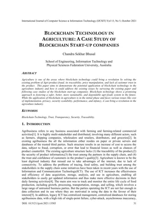 BLOCKCHAIN TECHNOLOGY IN AGRICULTURE: A CASE STUDY OF BLOCKCHAIN START ...