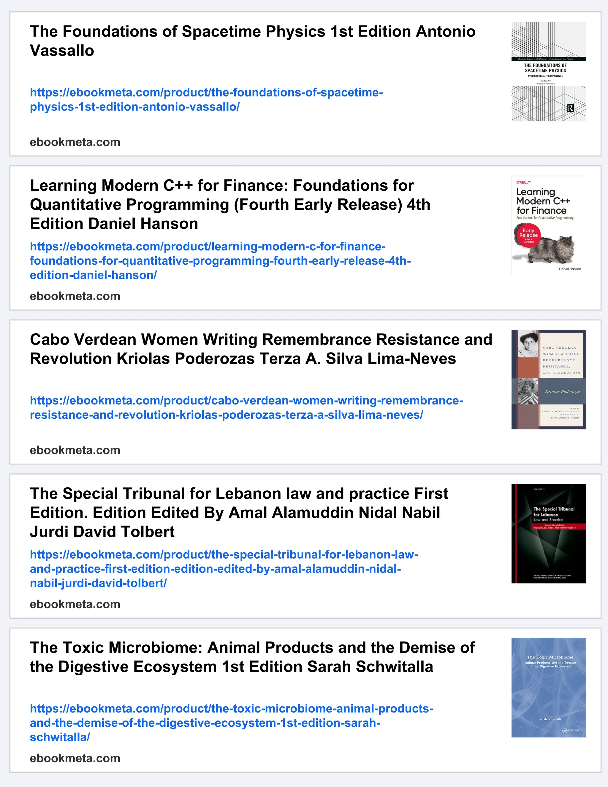 The Foundations of Spacetime Physics 1st Edition Antonio
Vassallo
https://ebookmeta.com/product/the-foundations-of-spacetime-
physics-1st-edition-antonio-vassallo/
ebookmeta.com
Learning Modern C++ for Finance: Foundations for
Quantitative Programming (Fourth Early Release) 4th
Edition Daniel Hanson
https://ebookmeta.com/product/learning-modern-c-for-finance-
foundations-for-quantitative-programming-fourth-early-release-4th-
edition-daniel-hanson/
ebookmeta.com
Cabo Verdean Women Writing Remembrance Resistance and
Revolution Kriolas Poderozas Terza A. Silva Lima-Neves
https://ebookmeta.com/product/cabo-verdean-women-writing-remembrance-
resistance-and-revolution-kriolas-poderozas-terza-a-silva-lima-neves/
ebookmeta.com
The Special Tribunal for Lebanon law and practice First
Edition. Edition Edited By Amal Alamuddin Nidal Nabil
Jurdi David Tolbert
https://ebookmeta.com/product/the-special-tribunal-for-lebanon-law-
and-practice-first-edition-edition-edited-by-amal-alamuddin-nidal-
nabil-jurdi-david-tolbert/
ebookmeta.com
The Toxic Microbiome: Animal Products and the Demise of
the Digestive Ecosystem 1st Edition Sarah Schwitalla
https://ebookmeta.com/product/the-toxic-microbiome-animal-products-
and-the-demise-of-the-digestive-ecosystem-1st-edition-sarah-
schwitalla/
ebookmeta.com
 