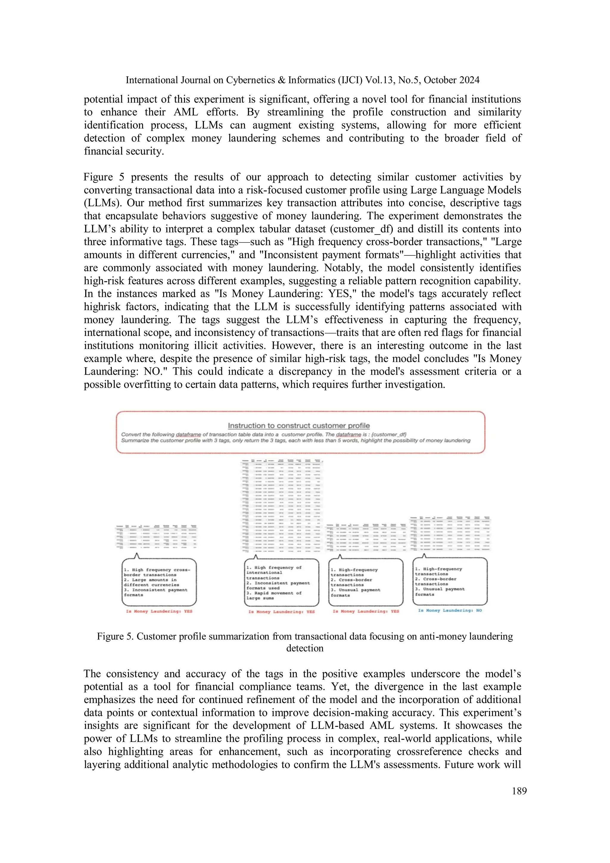International Journal on Cybernetics & Informatics (IJCI) Vol.13, No.5, October 2024
189
potential impact of this experiment is significant, offering a novel tool for financial institutions
to enhance their AML efforts. By streamlining the profile construction and similarity
identification process, LLMs can augment existing systems, allowing for more efficient
detection of complex money laundering schemes and contributing to the broader field of
financial security.
Figure 5 presents the results of our approach to detecting similar customer activities by
converting transactional data into a risk-focused customer profile using Large Language Models
(LLMs). Our method first summarizes key transaction attributes into concise, descriptive tags
that encapsulate behaviors suggestive of money laundering. The experiment demonstrates the
LLM’s ability to interpret a complex tabular dataset (customer_df) and distill its contents into
three informative tags. These tags—such as "High frequency cross-border transactions," "Large
amounts in different currencies," and "Inconsistent payment formats"—highlight activities that
are commonly associated with money laundering. Notably, the model consistently identifies
high-risk features across different examples, suggesting a reliable pattern recognition capability.
In the instances marked as "Is Money Laundering: YES," the model's tags accurately reflect
highrisk factors, indicating that the LLM is successfully identifying patterns associated with
money laundering. The tags suggest the LLM’s effectiveness in capturing the frequency,
international scope, and inconsistency of transactions—traits that are often red flags for financial
institutions monitoring illicit activities. However, there is an interesting outcome in the last
example where, despite the presence of similar high-risk tags, the model concludes "Is Money
Laundering: NO." This could indicate a discrepancy in the model's assessment criteria or a
possible overfitting to certain data patterns, which requires further investigation.
Figure 5. Customer profile summarization from transactional data focusing on anti-money laundering
detection
The consistency and accuracy of the tags in the positive examples underscore the model’s
potential as a tool for financial compliance teams. Yet, the divergence in the last example
emphasizes the need for continued refinement of the model and the incorporation of additional
data points or contextual information to improve decision-making accuracy. This experiment’s
insights are significant for the development of LLM-based AML systems. It showcases the
power of LLMs to streamline the profiling process in complex, real-world applications, while
also highlighting areas for enhancement, such as incorporating crossreference checks and
layering additional analytic methodologies to confirm the LLM's assessments. Future work will
 