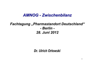 AMNOG - Zwischenbilanz

Fachtagung „Pharmastandort Deutschland“
               - Berlin -
             28. Juni 2012




            Dr. Ulrich Orlowski

                                     1
 