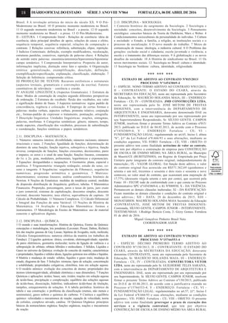 18 DIÁRIOOFICIALDOESTADO SÉRIE3 ANOVIII Nº064 FORTALEZA,06DEABRILDE2016
Brasil. 8 A revolução artística do início do século XX. 9 O Pré-
Modernismo no Brasil. 10 O primeiro momento modernista no Brasil.
11 O segundo momento modernista no Brasil - a poesia. 12 O segundo
momento modernista no Brasil - a prosa. 13 O Pós-Modernismo.
II - LEITURA. 1 Compreensão literal - Relações de coerência: ideia de
coerência; ideia principal detalhes de apoio, relações de causa e efeito,
sequência temporal, sequência espacial, relações de comparação e
contraste. 2 Relações coesivas: referência, substituição, elipse, repetição.
3 Indícios Contextuais: definição, exemplo modificadores, recolocação,
estruturas paralelas, conectivos, repetição de palavras chave. 4 Relações
de sentido entre palavras: sinonímia/antonímia/hiperonímia/hiponímia/
campo semântico. 5 Compreensão Interpretativa: Propósito do autor,
informações implícitas, distinção entre fato e opinião. 6 Organização
retórica: generalização, exemplificação, descrição, definição,
exemplificação/especificação, explanação, classificação, elaboração. 7
Seleção de Inferência: compreensão crítica.
III PRODUÇÃO DE TEXTOS: Recursos estilísticos e estruturais
(aspectos textuais, gramaticais e convenções da escrita). Fatores
constitutivos de relevância – coerência e coesão.
IV ANÁLISE LINGUÍSTICA (Aspectos Gramaticais). 1 Estrutura da
frase: Modos de construção de orações segundo diferentes perspectivas
de ordenação. 2 Estrutura do vocábulo: flexão dos vocábulos, seu valor
e significação dentro de frases. 3 Aspectos normativos: regras padrão de
concordância, regência e colocação. 4 Emprego de certas formas e
palavras: modos verbais, aspectos verbais, pronome relativo, conjunção
etc., formas-padrão de expressar o tratamento, pontuação, ortografia.
5 Descrição linguística: Unidades linguísticas: orações, sintagmas,
palavras, morfemas. 6 Categorias semânticas: gênero, número, tempo,
modo aspectos, classificação dos vocábulos, processos de subordinação
e coordenação, funções sintáticas e papeis semânticos.
2.11. DISCIPLINA - MATEMÁTICA:
1. Números: números inteiros; divisibilidade; números racionais; números
irracionais e reais. 2 Funções: Igualdade de funções; determinação do
domínio de uma função; função injetiva, sobrejetiva e bijetiva; função
inversa; composição de funções; funções crescentes, decrescentes, pares
e impares; os zeros e o sinal de uma função; funções lineares, constantes
do 1o. e 2o. grau, modulares, polinomiais, logarítmicas e exponenciais.
3 Equações: desigualdades e inequações. 4 Geometria: plana, espacial e
analítica. 5 Trigonometria: triangulo retângulo; estudo do seno, co-
seno e tangente. 6 Sequências: sequências de Fibonacci, sequências
numéricas; progressão aritmética e geométrica. 7 Matrizes:
determinantes; sistemas lineares; análise combinatória; binômio de
Newton. 8 Noções de Estatística: medidas de tendência central; medidas
de dispersão distribuição de frequência; gráficos; tabelas. 9 Matemática
Financeira: Proporção, porcentagem, juros e taxas de juros, juro exato
e juro comercial, sistemas de capitalização, descontos simples, desconto
racional, desconto bancário; taxa efetiva, equivalência de capitais. 10
Cálculo de Probabilidade. 11 Números Complexos. 12 Cálculo Diferencial
e Integral das Funções de uma Variável. 13 Noções de História da
Matemática. 14 Avaliação e Educação Matemática: formas e
instrumentos. 15 Metodologia do Ensino de Matemática: uso de material
concreto e aplicativos digitais.
2.12. DISCIPLINA - QUÍMICA:
1 O mundo e suas transformações: História da Química, Ensino da Química:
concepções e metodologias, leis ponderais (Lavoisier, Proust, Dalton, Richter);
leis das reações gasosas de Gay Lussac; hipótese de Avogadro, mole, molécula;
Cálculos Estequiométricos; natureza elétrica da matéria (os trabalhos de
Faraday). 2 Ligações químicas: iônica, covalente, eletronegatividade; repulsão
de pares eletrônicos, geometria molecular; teoria da ligação de valência e a
sobreposição de orbitais; orbitais híbridos e moleculares. 3 Sólidos, Líquidos e
Gases no universo da Química: evolução do conceito de matéria; características
e propriedades; líquidos e sólidos ideais, ligações químicas nos sólidos e líquidos.
4 Matéria e mudança de estado: sólidos, líquidos e gases reais; mudança de
estado, diagrama de fase. 5 Soluções: misturas, tipos de solução, concentração
e solubilidade; propriedades coligativas, eletrólitos, íons em solução aquosa.
6 O modelo atômico: evolução dos conceitos de átomo; propriedades dos
átomos (eletronegatividade, afinidade eletrônica e suas dimensões). 7 Funções
Químicas e aplicações: ácidos; bases; sais; óxidos; reações em solução aquosa
de ácido-base, precipitação e complexação; equilíbrio das soluções aquosas
de ácido-base, dissociação, hidrólise, indicadores ácido-base de titulação,
tampões, estequiometria de soluções. 8 A tabela periódica: histórico da
tabela e sua construção; o problema da classificação (metais, não metais e
semimetais), gases nobres e química do carbono. 9 Cinética e equilíbrio
químico: velocidades e mecanismos de reação; equação de velocidade, teoria
de colisões, complexo ativado, catálise. 10 Química Orgânica: princípios
básicos da nomenclatura orgânica; funções orgânicas, reações e mecanismos
de reação.
2.13. DISCIPLINA - SOCIOLOGIA:
1 Contexto histórico do surgimento da Sociologia. 2 Sociologia e
sociedade: conceitos, desenvolvimento da Sociologia. 3 Pensamento
sociológico: conceitos básicos da Teoria de Durkheim, Marx e Weber. 4
Condicionamentos socioculturais da personalidade do indivíduo. 5 Cultura
e sociedade: o Estado, a família, a religião, as instituições sociais e o
processo de socialização. 6 O novo mundo do trabalho. 7 Meios de
comunicação de massa: ideologia, a indústria cultural. 8 O Problema das
gerações: exclusão social e cidadania; escola juventude e violência; a
escola e o tratamento das diferenças sociais. 9 A globalização e os novos
desafios da sociedade. 10 A História do sindicalismo no Brasil. 11 Os
novos movimentos sociais. 12. Sociologia no Brasil: cultura e identidade.
13 Sociologia no Nordeste: cultura, identidade, religiosidade.
*** *** ***
EXTRATO DE ADITIVO AO CONTRATO Nº015/2013/
PROCESSO Nº14543869-4
I - ESPÉCIE: NONO TERMO ADITIVO AO CONTRATO Nº015/2013;
II - CONTRATANTE: O ESTADO DO CEARÁ, através da
SECRETARIA DA EDUCAÇÃO, neste ato representada pelo Secretário
da Educação, Sr. MAURÍCIO HOLANDA MAIA; III - ENDEREÇO:
Fortaleza - CE; IV - CONTRATADA: JMD CONSTRUÇÕES LTDA,
neste ato representada pelo Sr. JOSÉ METOM DE FREITAS
DIOGENES, com a interveniência do DEPARTAMENTO DE
ARQUITETURA E ENGENHARIA, doravante denominado DAE ou
INTERVENIENTE, neste ato representado por seu representado por
seu Superintendente Respondendo, Sr. SÍLVIO GENTIL CAMPOS
JÚNIOR, resolvem firmar o presente Termo Aditivo ao Contrato nº015/
2013, publicado no D.O.E de 04.02.2013, de acordo com o Processo
nº14543869-4; V - ENDEREÇO: Fortaleza - CE; VI -
FUNDAMENTAÇÃO LEGAL: regulamentado no art.65, Inciso I, alínea
“b”, §1º da Lei Federal nº8.666/93 e suas alterações, mediante as
condições seguintes; VII- FORO: Fortaleza - CE; VIII - OBJETO: O
presente aditivo tem como finalidade acréscimo de valor ao contrato,
que tem por objetivo a contratação de empresa para CONSTRUÇÃO
DE ESCOLA DE ENSINO MÉDIO, NA ÁREA RURAL, no Município
de Mauriti/CE (BURITIZINHO), em Regime de Empreitada por Preço
Unitário parte integrante do contrato original, independentemente de
transcrição.; IX - VALOR GLOBAL: Em função deste aditivo, o valor
do contrato original fica acrescido em R$571.362,69 (quinhentos e
setenta e um mil, trezentos e sessenta e dois reais e sessenta e nove
centavos), ao valor atual do contrato, que ocasionará uma majoração de
17,77% (dezessete vírgula setenta e sete por cento), que ocorrerá pela
Fonte: 10 - FECOP, tudo de conformidade com o que consta no Processo
Administrativo SPU nº14543869-4, e IG Nº880930; X - DA VIGÊNCIA:
Permanecem as demais cláusulas inalteradas; XI - DA RATIFICAÇÃO:
Ficam mantidas as demais cláusulas e condições do contrato original e
seus aditivos.; XII - DATA: 28 de dezembro de 2015; XIII -
SIGNATÁRIOS: MAURÍCIO HOLANDA MAIA Secretário da Educação
-CONTRATANTE, JOSÉ METOM DE FREITAS DIOGENES-
Contratada, SÍLVIO GENTIL CAMPOS JÚNIOR - INTERVENIENTE.
TESTEMUNHAS: 1-Rodrigo Benicio Costa, 2- Gizzy Gomes. Fortaleza
01 de abril de 2016.
Miguel Gonçalves Pinheiro Brasil Neto
COORDENADOR ASJUR
*** *** ***
EXTRATO DE ADITIVO AO CONTRATO Nº150/2013/
PROCESSO Nº15766553-4
I - ESPÉCIE: DÉCIMO PRIMEIRO TERMO ADITIVO AO
CONTRATO Nº150/2013; II - CONTRATANTE: O ESTADO DO
CEARÁ, através da SECRETARIA DA EDUCAÇÃO, doravante
denomina CONTRATANTE, neste ato representada pelo Secretário de
Educação, Sr. MAURÍCIO HOLANDA MAIA; III - ENDEREÇO:
Fortaleza - CE; IV - CONTRATADA: CONSTRUTORA VETOR
LTDA, neste ato representada pelo Sr. GUILHERME TELES SARAIVA,
com a interveniência do DEPARTAMENTO DE ARQUITETURA E
ENGENHARIA- DAE, neste ato representado por seu representado por
seu Superintendente, Sr. SÍLVIO GENTIL CAMPOS JÚNIOR, resolvem
firmar o presente Termo Aditivo ao Contrato nº150/2013, publicado
no D.O.E de 03.06.2013, de acordo com a justificativa exarada no
Processo nº15766553-4; V - ENDEREÇO: Fortaleza - CE; VI -
FUNDAMENTAÇÃO LEGAL: regulamentados no art.57, §1º, Inciso I
da Lei Federal nº8.666/93 e suas alterações, mediante as condições
seguintes:; VII- FORO: Fortaleza - CE; VIII - OBJETO: O presente
aditivo tem como finalidade prorrogar o prazo de execução dos
serviços e a vigência contratual, que tem por objetivo
CONSTRUÇÃO DE ESCOLA DE ENSINO MÉDIO NA ÁREA RURAL
 
