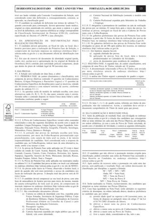 15DIÁRIOOFICIALDOESTADO SÉRIE3 ANOVIII Nº064 FORTALEZA,06DEABRILDE2016
tiver seu laudo validado pela Comissão Coordenadora da Seleção, será
considerado como não deficiente e, consequentemente, constará, se
aprovado, na classificação geral.
7.5. O candidato na condição de deficiente nos termos do subitem 7.1,
quando convocado para contratação, deverá apresentar laudo médico,
original ou cópia autenticada em cartório, que ateste a espécie e o grau
ou nível de deficiência, com expressa referência ao código correspondente
da Classificação Internacional de Doenças (CID-10), conforme
especificado no Decreto nº3.298/99 e suas alterações.
8. DA APRESENTAÇÃO DE DOCUMENTAÇÃO PARA
REALIZAÇÃO DAS PROVAS.
8.1. O candidato deverá apresentar, ao fiscal de sala, no local, dia e
horário previstos para a realização da Primeira Fase da Seleção, o
comprovante de inscrição impresso no endereço eletrônico http://
selecao.seduc.ce.gov.br e o seu documento oficial de identificação com
foto.
8.2. Em caso de extravio do documento de identidade original (perda,
roubo, etc), aceitar-se-á a apresentação da via original de Boletim de
Ocorrência (B.O.) emitido pela autoridade policial competente, desde
que dentro do prazo de validade legal de 90 (noventa) dias.
9. DAS PROVAS
9.1. A Seleção será realizada em duas fases, a saber:
9.1.1. PRIMEIRA FASE: de caráter eliminatório e classificatório, será
composta de provas objetivas contendo 15 questões de Conhecimentos
Básicos, (Língua Portuguesa e Raciocínio Lógico) e 15 questões de
Conhecimentos Específicos da disciplina para a qual se inscreveu, valendo
até 30 (trinta pontos) e com número mínimo de acerto, conforme
quadro do subitem 9.1.1.1.
9.1.1.1. As questões serão do modelo de múltipla escolha, com cinco
alternativas cada (A, B, C, D, E), das quais somente uma é correta.
Versarão sobre o conteúdo disposto no Anexo Único deste Edital e serão
distribuídas conforme quadro a seguir:
PROVA NºDE MÍNIMO
QUESTÕES DE ACERTO
Prova I – Conhecimentos Básicos • Língua Portuguesa 10 4
• Raciocínio Lógico 5 2
Prova II – Conhecimentos Específicos • Disciplina específica 15 7
da área da habilitação.
9.1.1.2. A Prova de Conhecimentos Específicos versará sobre conteúdos
relacionados a uma das seguintes disciplinas de acordo com a opção do
candidato: Língua Portuguesa, Língua Inglesa, Língua Espanhola, Arte-
Educação, Educação Física, História, Geografia, Filosofia, Sociologia,
Matemática, Física, Química e Biologia.
9.1.1.3. A correção das provas de múltipla escolha será feita,
exclusivamente, por meio da Folha-Resposta personalizada cujo
preenchimento, com caneta de tinta azul ou preta, é de inteira
responsabilidade do candidato. Será considerada nula a resposta do
candidato que, na Folha-Resposta, indicar mais de uma alternativa ou,
ainda, omitir e/ou rasurar o item.
9.1.1.4. As provas da Primeira Fase serão aplicadas em 22 (vinte e duas)
cidades do estado do Ceará: Acaraú, Baturité, Brejo Santo, Camocim,
Canindé, Caucaia, Crateús, Crato, Fortaleza, Horizonte, Icó, Iguatu,
Itapipoca, Jaguaribe, Juazeiro do Norte, Maracanaú, Quixadá, Russas,
Senador Pompeu, Sobral, Tauá e Tianguá.
9.1.1.5. As Provas da Primeira Fase serão aplicadas nos municípios citados
no subitem 9.1.1.4. O candidato fará prova na data e no local a ser informado
no endereço eletrônico http://selecao.seduc.ce.gov.br e no site da SEDUC.
9.1.1.6. As provas terão início às 9 horas, observado o horário local, a
partir de quando não será mais permitido o acesso de candidatos aos
locais de realização das provas. A duração total das provas será de 03
(três) horas.
9.1.1.7. O candidato deverá comparecer ao seu local de prova, com uma
hora de antecedência do horário previsto para início da mesma, munido
de caneta esferográfica de tinta azul ou preta, do comprovante de
inscrição impresso no endereço eletrônico http://selecao.seduc.ce.gov.br
e do seu documento oficial de identificação com foto.
9.1.1.7.1. São considerados documentos oficiais:
a) Carteira ou cédula de identidade com foto, expedida pelas
Forças Armadas, Secretarias de Segurança Pública, Corpo
de Bombeiros Militares, Órgãos Fiscalizadores de Exercício
Profissional (Ordem ou Conselho de Classe) e pelo
Ministério das Relações Exteriores;
b) Passaporte vigente;
c) Certificado de Reservista;
d) Carteira funcional expedida por órgão público que, por lei
federal, vale como identidade;
e) Carteira Nacional de Habilitação (somente o modelo com
foto);
f) Carteira Profissional expedida pelo Ministério do Trabalho
e Emprego.
9.1.1.8. É obrigatória a permanência do candidato na sala de realização
das provas por, no mínimo, 01 (uma) hora após o início das provas. Ao
terminar as provas, entregará ao fiscal de sala o Caderno de Provas
junto com a Folha-Resposta.
9.1.1.9. Os gabaritos preliminares das provas da Primeira Fase serão
divulgados a partir das 16 horas da data da realização das provas da
Primeira Fase, no endereço eletrônico http://selecao.seduc.ce.gov.br.
9.1.1.10. Os gabaritos definitivos das provas da Primeira Fase serão
divulgados no prazo de até 48h após análise dos recursos, no endereço
eletrônico http://selecao.seduc.ce.gov.br.
9.1.1.11. Em hipótese alguma haverá:
a) segunda chamada das provas;
b) aplicação de provas fora do local, data e horário
predeterminados no Calendário de Atividades.
c) envio de documentos para residência do candidato.
9.1.2. SEGUNDA FASE: A segunda fase, de caráter classificatório, será
composta de uma Prova de Títulos valendo até 10 pontos.
9.1.2.1. A documentação relacionada à Prova de Títulos será enviada
por meio eletrônico através do endereço eletrônico: http://
selecao.seduc.ce.gov.br.
9.1.2.2. A análise dos Títulos seguirá a pontuação do quadro a seguir:
ITEM TITULAÇÃO NÃO CUMULATIVA PONTUAÇÃO
MÁXIMA
10 PONTOS
1 Certificado, devidamente registrado, ou Certidão Oficial de Especialização 4
na área de Educação (carga horária mínima de 360 horas)
2 Diploma, devidamente registrado, ou Certidão Oficial de Mestrado na 7
área de Educação.
3 Diploma, devidamente registrado, ou Certidão Oficial de Doutorado na 10
área de Educação.
9.1.2.3. Os itens 1, 2 e 3, do quadro acima, referente aos títulos de pós-
graduação, não são cumulativos. Assim, o candidato deve enviar o
documento comprobatório do Título de maior grau que possui.
10. DA CLASSIFICAÇÃO E RESULTADO FINAL
10.1. Antes da publicação do resultado final, será divulgada no endereço
http://selecao.seduc.ce.gov.br a relação dos candidatos que conseguirem
obter as notas mínimas em cada uma das Provas Objetivas, por disciplina,
em ordem alfabética, já com a nota da Prova de Título calculada, de
acordo com o Calendário de Atividades, e conterá as seguintes informações:
Nºde Nome do Pessoa Prova I – Conhecimentos Nota da Nota da
Inscrição Candidato com Básicos Prova II Prova de
Deficiência Língua Raciocínio Nota da Conheci- Títulos
Portuguesa Lógico Prova I mentos
Específicos
10.2. O candidato que não obtiver a pontuação mínima exigida para
classificação, poderá consultar suas notas da Primeira Fase acessando a
Área Restrita ao Candidato no endereço eletrônico: http://
selecao.seduc.ce.gov.br.
10.3. Após análise de recursos sobre a pontuação em cada uma das
provas, será publicado o resultado final, em ordem decrescente de
classificação, por disciplina, e seguirá a fórmula:
NF = NP1 + NP2 + NP3
Onde, NF = Nota Final,
NP1 = Nota da Prova I
NP2 = Nota da Prova II
NP3 = Nota Prova de Títulos.
10.4. Serão analisados os Títulos, exclusivamente, dos candidatos que
atingirem as notas mínimas nas Provas Objetivas.
10.5. Caso haja igualdade na Nota Final, serão adotados os seguintes
critérios de desempate, na ordem indicada abaixo, dando-se preferência
ao candidato que, por ordem:
a) possuir idade igual ou superior a 60 (sessenta) anos, na
forma do disposto no parágrafo único do artigo 27 da Lei
nº10.741/2003 (Estatuto do Idoso);
b) obtiver a maior nota na prova de Conhecimentos
Específicos;
c) obtiver a maior nota na prova de Conhecimentos Básicos;
d) obtiver a maior nota na Prova de Títulos;
e) tiver a maior idade, considerando-se dia, mês e ano.
 