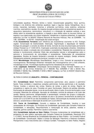 MINISTÉRIO PÚBLICO DO ESTADO DO ACRE
                      PROCURADORIA-GERAL DE JUSTIÇA
                          Comissão de Concurso Público
     ____________________________________________________________________

comunidades aquáticas. Plâncton, bentos e necton. Caracterização geográfica, física, química,
biológica e da dinâmica dos ambientes aquáticos: lagos e lagunas, bacias hidrográficas, rios e
arroios, nascentes, banhados, marismas e ambientes euri-halinos, costa oceânica, ambientes
marinhos, reservatórios e açudes. Os impactos da ação antrópica sobre os ecossistemas aquáticos: a
aquacultura (piscicultura, carcinicultura, ranicultura) e a introdução de espécies exóticas e seus
efeitos sobre os ecossistemas aquáticos, a irrigação e seus efeitos sobre os recursos hídricos, os
esgotos e sua repercussão nos corpos receptores, hidrelétricas e impactos ambientais. A Legislação
específica: Lei Fed. no 9433/97 (Sistema Nacional de Recursos Hídricos). Res. do CONAMA: - no
1/86 - EIA/RIMA; - no 357/05 - Classificação dos corpos de água.
11.10. Ecossistemas Terrestres (com referência aos ecossistemas ocorrentes no AC): Ecologia
vegetal. Conservação da biodiversidade. Destruição, fragmentação e degradação de hábitats.
Ecologia de paisagem e conceito de efeito de borda. Conceito de área de preservação permanente
(Código Florestal Lei nº 12.651/2012). Exploração sustentada de populações silvestres. Indicadores
biológicos do estado e evolução das comunidades e ecossistemas. Resposta dos ecossistemas ao
estresse e monitoramento ambiental. Efeito das perturbações naturais e antropogênicas sobre a
estrutura e funcionamento de comunidades e ecossistemas. Restauração de ecossistemas
degradados. Estudos de Impacto Ambiental e previsão do impacto ecológico. Gestão ambiental.
Planejamento ambiental, planejamento territorial, vocação e uso do solo.
11.11. Microbiologia: Microbiologia Geral:Bactérias, fungos e vírus. Controle de populações de
microorganismos. Microbiologia Ambiental: Interações dos microorganismos com o meio ambiente,
microbiologia do solo, microbiologia aquática,organismos indicadores de contaminação.
11.12. Legislação Ambiental (interpretação técnico-biológica): Código Florestal Federal Lei nº
12651/2012; Lei de Crimes Ambientais Lei nº 9605/98. Res. CONAMA nº 302 e 303/02; Res.
CONAMA nº 369/06; Res. CONAMA nº 33/94 e 388/07 (estágios). Lei Fed. no 9433/97 (Sistema Nac.
de Recursos Hídricos).

12. PARA O CARGO DE ANALISTA – PERICIAL – CONTABILIDADE


12.1. Contabilidade Geral: Patrimônio: componentes patrimoniais: ativo, passivo e patrimônio
líquido. Fatos contábeis e respectivas variações patrimoniais. Contas patrimoniais e de resultado.
Teorias, funções e estrutura das contas. Sistema de contas e plano de contas. Regime de
competência e regime de caixa. Provisões em geral. Escrituração. Sistema de partidas dobradas.
Escrituração de operações típicas. Livros de escrituração: diário e razão. Erros de escrituração e suas
correções. Balancete de verificação. Apuração de resultados; controle de estoques e do custo das
vendas. Balanço patrimonial: obrigatoriedade e apresentação; conteúdo dos grupos e subgrupos.
Classificação das contas; critérios de avaliação do ativo e do passivo; levantamento do balanço de
acordo com a Lei 6.404/76 (Lei das Sociedades por Ações). Demonstração do resultado do exercício:
estrutura, características e elaboração de acordo com a Lei 6.404/76.
12.2. Teoria da Contabilidade: Conceito e objetivos da Contabilidade. Usuários e suas
necessidades de informação. Os Princípios de Contabilidade (aprovados pelo Conselho Federal de
Contabilidade, e alterações). Reconhecimento e mensuração de ativos, passivos, receitas e
despesas, ganhos e perdas. Patrimônio Líquido e suas teorias.
12.3. Contabilidade Aplicada ao Setor Público: Princípios fundamentais de contabilidade sob a
perspectiva do setor público (aprovados pelo Conselho Federal de Contabilidade, Resolução CFC
1.111/2007). Normas Brasileiras de Contabilidade Aplicadas ao Setor Público – do Conselho Federal
de Contabilidade: Conceituação, Objeto e Campo de Aplicação; Patrimônio e Sistemas Contábeis;
Planejamento e seus Instrumentos sob o Enfoque Contábil; Transações no Setor Público; Registro

                                                                                                    36
 
