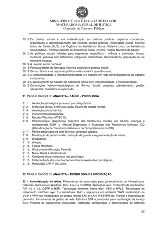 MINISTÉRIO PÚBLICO DO ESTADO DO ACRE
                         PROCURADORIA-GERAL DE JUSTIÇA
                             Comissão de Concurso Público
        ____________________________________________________________________

20.12. Os direitos sociais e sua materialização em políticas públicas: aspectos conceituais,
       organização e operacionalização das políticas sociais públicas (Seguridade Social, Sistema
       Único de Saúde (SUS), Lei Orgânica da Assistência Social, Sistema Único de Assistência
       Social (SUAS), Política Nacional de Assistência Social (PNAS), Política Nacional de Saúde;
20.13. As políticas sociais voltadas para segmentos específicos - infância e juventude, idosos,
       mulheres, pessoas com deficiência, indígenas, quilombolas, afro-brasileiros, população de rua
       e pessoa incapaz;
20.14. A questão social no Brasil;
20.15. Particularidades da formação histórica brasileira e questão social;
20.16. Serviço Social e as respostas político-institucionais à questão social;
20.17. A intersetorialidade, a interdisciplinariedade e o trabalho em rede como dispositivos do trabalho
       institucional;
20.18. O planejamento do trabalho do Assistente Social com intencionalidade e instrumentação;
20.19. Construções teórico-metodológicas do Serviço Social: pesquisa, planejamento, gestão,
       assessoria, consultoria e supervisão.

21. PARA O CARGO DE ANALISTA – SAÚDE – PSICOLOGIA

21.1.     Avaliação psicológica: processo psicodiagnóstico.
21.2.     Entrevista clínica. Entrevista lúdica. Exame do estado mental.
21.3.     Avaliação psicodinâmica.
21.4.     Instrumentos psicológicos.
21.5.     Escalas Wechsler (WISC III).
21.6.     Psicopatologia: diagnóstico descritivo dos transtornos mentais em adultos, crianças e
          adolescentes. DSM IV (Manual Diagnóstico e Estatístico dos Transtornos Mentais). CID
          (Classificação de Transtornos Mentais e de Comportamento da CID).
21.7.     Perícia psicológica na área forense: conceitos básicos.
21.8.     Destituição do poder familiar, definição de guarda e regulamentação de visitas.
21.9.     Drogadição.
21.10.    Adoção.
21.11.    Falsas Memórias.
21.12.    Síndrome de Alienação Parental.
21.13.    Maus-Tratos e abuso sexual.
21.14.    Código de ética profissional dos psicólogos.
21.15.    Elaboração de documentos decorrentes de avaliações psicológicas.
                             o
21.16.    Resolução CFP n 007/2003.


22. PARA O CARGO DE ANALISTA – TECNOLOGIA DA INFORMAÇÃO

22.1. Administração de redes: Ferramentas de automação para gerenciamento de infraestrutura.
Sistemas operacionais Windows, Unix, Linux e FreeBSD. Aplicações web. Protocolos de roteamento:
RIP v.1 e v.2, OSPF e BGP. Tecnologias ethernet, frame-relay, ATM e MPLS. Tecnologias de
roteamento: switches layer 3 e roteadores. QoS e segurança em ambiente WAN. Implantação de
VOIP e VPN nas modalidades de acesso remoto LAN-to-LAN, WEBVPN etc. Firewall e segurança de
perímetro. Ferramentas de gestão de rede. Estrutura SNA e protocolos para implantação de serviço
SNA. Projetos de cabeamento estruturado. Instalação, configuração e administração de sistemas


                                                                                                     55
 