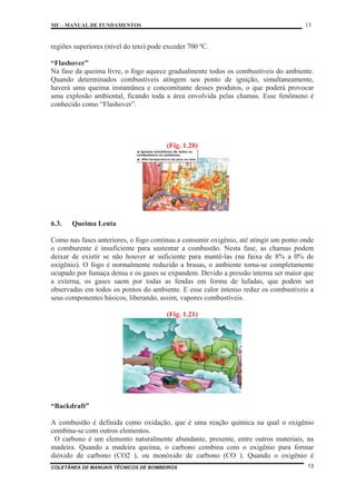 MF – MANUAL DE FUNDAMENTOS 13
COLETÂNEA DE MANUAIS TÉCNICOS DE BOMBEIROS 13
regiões superiores (nível do teto) pode exceder 700 ºC.
“Flashover”
Na fase da queima livre, o fogo aquece gradualmente todos os combustíveis do ambiente.
Quando determinados combustíveis atingem seu ponto de ignição, simultaneamente,
haverá uma queima instantânea e concomitante desses produtos, o que poderá provocar
uma explosão ambiental, ficando toda a área envolvida pelas chamas. Esse fenômeno é
conhecido como “Flashover”.
(Fig. 1.20)
6.3. Queima Lenta
Como nas fases anteriores, o fogo continua a consumir oxigênio, até atingir um ponto onde
o comburente é insuficiente para sustentar a combustão. Nesta fase, as chamas podem
deixar de existir se não houver ar suficiente para mantê-las (na faixa de 8% a 0% de
oxigênio). O fogo é normalmente reduzido a brasas, o ambiente torna-se completamente
ocupado por fumaça densa e os gases se expandem. Devido a pressão interna ser maior que
a externa, os gases saem por todas as fendas em forma de lufadas, que podem ser
observadas em todos os pontos do ambiente. E esse calor intenso reduz os combustíveis a
seus componentes básicos, liberando, assim, vapores combustíveis.
(Fig. 1.21)
“Backdraft”
A combustão é definida como oxidação, que é uma reação química na qual o oxigênio
combina-se com outros elementos.
O carbono é um elemento naturalmente abundante, presente, entre outros materiais, na
madeira. Quando a madeira queima, o carbono combina com o oxigênio para formar
dióxido de carbono (CO2 ), ou monóxido de carbono (CO ). Quando o oxigênio é
 