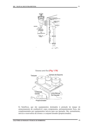 MF – MANUAL DE FUNDAMENTOS 54
COLETÂNEA DE MANUAIS TÉCNICOS DE BOMBEIROS 54
Sistema semi-fixo (Fig. 1.70)
b) Semifixos, que são equipamentos destinados à proteção de tanque de
armazenamento de combustível, cujos componentes, permanentemente fixos, são
complementados por equipamentos móveis para sua operação. São, normalmente,
móveis o reservatório de extrato e o conjunto dosador (proporcionador).
 