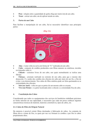 MF – MANUAL DE FUNDAMENTOS 82
COLETÂNEA DE MANUAIS TÉCNICOS DE BOMBEIROS 82
x Peso - relação entre a quantidade de quilos (Kg) por metro (m) de um cabo.
x Tesar - esticar um cabo; ato de aplicar tensão ao cabo.
3. Partes de um Cabo
Para facilitar a manipulação de um cabo, faz-se necessário identificar suas principais
partes:
(Fig. 3.1)
x Alça - é uma volta ou curva em forma de “U” realizada em um cabo.
x Cabo - conjunto de cordões produzidos com fibras naturais ou sintéticas, torcidos
ou trançados entre si.
x Chicote - extremos livres de um cabo, nos quais normalmente se realiza uma
falcaça.
x Falcaça - arremate realizado no extremo de um cabo, para que o mesmo não
desacoche. É a união dos cordões dos chicotes do cabo por meio de um fio, a fim de
evitar o seu destorcimento. Nos cabos de fibra sintética pode ser feita queimando-se as
extremidades dos chicotes.
x Seio (ou Anel) - volta em que as partes de um mesmo cabo se cruzam.
x Vivo (ou Firme) - é a parte localizada entre o chicote e a extremidade fixa do cabo.
4. Constituição dos Cabos
Considerando que todos os equipamentos dos serviços de bombeiros trabalham próximos
ao limite máximo de sua capacidade, é necessário que cada um possa conhecer algumas
características técnicas do material, materiais constitutivos, tipos de cabos, etc.
4.1. Cabos de Fibra de Origem Natural
Da natureza é possível extrair fibras destinadas à fabricação de cabos. Ao conjunto de
fibras dá-se o nome de fios, os quais por sua vez formam os cordões e por fim os cabos
propriamente ditos.
 