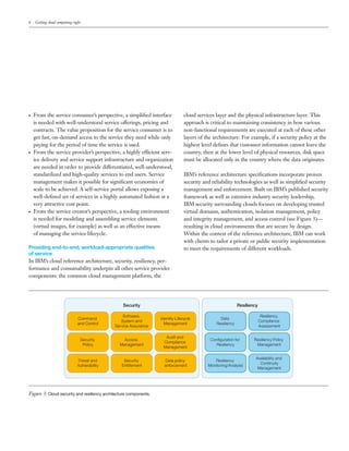 6   Getting cloud computing right




●   From the service consumer’s perspective, a simpliﬁed interface               cloud services layer and the physical infrastructure layer. This
    is needed with well-understood service offerings, pricing and                approach is critical to maintaining consistency in how various
    contracts. The value proposition for the service consumer is to              non-functional requirements are executed at each of these other
    get fast, on-demand access to the service they need while only               layers of the architecture. For example, if a security policy at the
    paying for the period of time the service is used.                           highest level deﬁnes that customer information cannot leave the
●   From the service provider’s perspective, a highly efficient serv-            country, then at the lower level of physical resources, disk space
    ice delivery and service support infrastructure and organization             must be allocated only in the country where the data originates.
    are needed in order to provide differentiated, well-understood,
    standardized and high-quality services to end users. Service                 IBM’s reference architecture speciﬁcations incorporate proven
    management makes it possible for signiﬁcant economies of                     security and reliability technologies as well as simpliﬁed security
    scale to be achieved. A self-service portal allows exposing a                management and enforcement. Built on IBM’s published security
    well-deﬁned set of services in a highly automated fashion at a               framework as well as extensive industry security leadership,
    very attractive cost point.                                                  IBM security surrounding clouds focuses on developing trusted
●   From the service creator’s perspective, a tooling environment                virtual domains, authentication, isolation management, policy
    is needed for modeling and assembling service elements                       and integrity management, and access control (see Figure 3)—
    (virtual images, for example) as well as an effective means                  resulting in cloud environments that are secure by design.
    of managing the service lifecycle.                                           Within the context of the reference architecture, IBM can work
                                                                                 with clients to tailor a private or public security implementation
Providing end-to-end, workload-appropriate qualities                             to meet the requirements of different workloads.
of service
In IBM’s cloud reference architecture, security, resiliency, per-
formance and consumability underpin all other service provider
components: the common cloud management platform, the




                                                  Security                                                   Resiliency

                                                  Software,                                                                Resiliency
                               Command                             Identity Lifecycle             Data
                                                 System and                                                               Compliance
                               and Control                           Management                 Resiliency
                                              Service Assurance                                                           Assessment

                                                                     Audit and
                                Security          Access                                     Conﬁguration for        Resiliency Policy
                                                                    Compliance
                                 Policy         Management                                     Resiliency             Management
                                                                    Management

                                                                                                                      Availability and
                              Threat and          Security           Data policy               Resiliency
                                                                                                                        Continuity
                              Vulnerability      Entitlement         enforcement            Monitoring/Analysis
                                                                                                                       Management




Figure 3: Cloud security and resiliency architecture components.
 