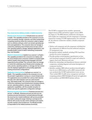 8   Getting cloud computing right




                                                                 The CCMP is comprised of two modules: operational
Four cloud service delivery models: a helpful taxonomy           support services (OSS) and business support services (BSS)
                                                                 (see Figure 4). The IBM reference architecture decomposes
Infrastructure cloud services (“infrastructure as a service”
                                                                 each module into components and sub-components or functions
or IaaS)—The capability provided to the consumer is to pro-
                                                                 required for creating a CCMP implementation. For each mod-
vision processing, storage, networks, and other fundamental
                                                                 ule, the reference architecture includes a detailed component
computing resources where the consumer is able to deploy
and run arbitrary software, which can include operating sys-     model that:
tems and applications. The consumer does not manage or
control the underlying cloud infrastructure but has control      ●   Deﬁnes each component and sub-component, including how
over operating systems, storage, deployed applications, and          the components are different from the traditional enterprise
possibly limited control of select networking components             IT management scope
(e.g., host ﬁrewalls).4                                          ●   Incorporates industry standards, including ITIL-based best
Platform cloud services (“platform as a service” or PaaS)—
                                                                     practices for service management
The capability provided to the consumer is to deploy onto
                                                                 ●   Provides product-neutral guidance (speciﬁcation) on how
the cloud infrastructure consumer-created or acquired appli-         each functional component should be scoped and realized to
cations created using programming languages and tools                support cloud-scale efficiencies and costs
supported by the provider. The consumer does not manage          ●   Details the relationships and dependencies between individual
or control the underlying cloud infrastructure including net-        components, including diagrams and textual descriptions of
work, servers, operating systems, or storage, but has control        component interfaces
over the deployed applications and possibly application          ●   Identiﬁes candidate IBM software products (internal applica-
hosting environment conﬁgurations.5                                  tions for use in IBM clouds as well as IBM commercial soft-
Application cloud services (“software as a service” or               ware products) that CCMP implementation teams can use.
SaaS)—The capability provided to the consumer is to use              These include IBM Tivoli® service management and cloud
the provider’s applications running on a cloud infrastructure.       computing products; IBM WebSphere® portal and application
The applications are accessible from various client devices          server products; and IBM DB2® database software.
through a thin client interface such as a web browser
(e.g., web-based email). The consumer does not manage or
control the underlying cloud infrastructure including network,
servers, operating systems, storage, or even individual
application capabilities, with the possible exception of
limited user-speciﬁc application conﬁguration settings.6

Business process cloud services (“business process as a
service” or BPaaS)—Business process services are any
business process (horizontal or vertical) delivered through
the cloud service model (multitenant, self-service provision-
ing, elastic scaling and usage metering or pricing) via the
Internet with access via web-centric interfaces and exploit-
ing web-oriented cloud architecture. The BPaaS provider
is responsible for the related business function(s).
 