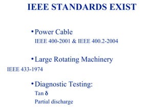 08/30/24 19
•Power Cable
IEEE 400-2001 & IEEE 400.2-2004
•Large Rotating Machinery
IEEE 433-1974
•Diagnostic Testing:
Tan 
Partial discharge
IEEE STANDARDS EXIST
 