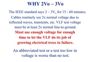 08/30/24 32
WHY 2Vo – 3Vo
The IEEE standard says 2 – 3V0 for 15 - 60 minutes.
Cables routinely see 2x normal voltage due to
reflected waves, transients, etc. VLF test voltage
must be at least 2x normal line-to-ground.
Must use enough voltage for enough
time to let the VLF do its job of
growing electrical trees to failure.
An abbreviated test or a test too low in
voltage is worse than no test.
 