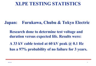 08/30/24 37
XLPE TESTING STATISTICS
Japan: Furukawa, Chubu & Tokyo Electric
Research done to determine test voltage and
duration versus expected life. Results were:
A 33 kV cable tested at 60 kV peak @ 0.1 Hz
has a 97% probability of no failure for 3 years.
 