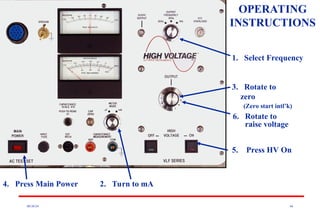 08/30/24 46
OPERATING
INSTRUCTIONS
1. Select Frequency
2. Turn to mA
3. Rotate to
zero
(Zero start intl’k)
4. Press Main Power
5. Press HV On
6. Rotate to
raise voltage
 
