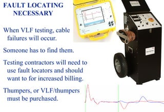 08/30/24 48
FAULT LOCATING
NECESSARY
When VLF testing, cable
failures will occur.
Someone has to find them.
Testing contractors will need to
use fault locators and should
want to for increased billing.
Thumpers, or VLF/thumpers
must be purchased.
 