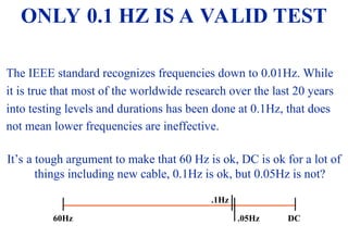 08/30/24 54
ONLY 0.1 HZ IS A VALID TEST
The IEEE standard recognizes frequencies down to 0.01Hz. While
it is true that most of the worldwide research over the last 20 years
into testing levels and durations has been done at 0.1Hz, that does
not mean lower frequencies are ineffective.
It’s a tough argument to make that 60 Hz is ok, DC is ok for a lot of
things including new cable, 0.1Hz is ok, but 0.05Hz is not?
60Hz
.1Hz
.05Hz DC
 