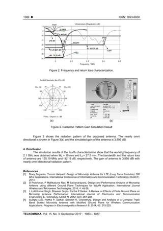  ISSN: 1693-6930
TELKOMNIKA Vol. 15, No. 3, September 2017 : 1083 – 1087
1086
Figure 2. Frequency and return loss characterization.
(a) (b)
Figure 3. Radiation Pattern Gain Simulation Result
Figure 3 shows the radiation pattern of the proposed antenna. The nearly omni
directional is shown in Figure 3(a) and the simulated gain of the antenna is 3.895 dBi.
4. Conclusion
The simulation results of the fourth characterization show that the working frequency of
2.1 GHz was obtained when W6 = 19 mm and L6 = 27.5 mm. The bandwidth and the return loss
of antenna are 155.19 MHz and -32.18 dB, respectively. The gain of antenna is 3.895 dBi with
nearly omni directional radiation pattern.
References
[1] Dony Sugianto, Tommi Hariyadi. Design of Microstrip Antenna for LTE (Long Term Evolution) 700
MHz Applications. International Conference of Information and Communication Technology (ICoICT).
2013.
[2] D Prabhakar, P Mallikarjuna Rao, M Satyanarayana. Design and Performance Analysis of Microstrip
Antenna using different Ground Plane Techniques for WLAN Application. International Journal
Wireless and Microwave Technologies. 2016; 4: 48-58.
[3] L Lolit Kumar Singh, Bhaskar Gupta, Partha P Sarkar. A Review on Effects of Finite Ground Plane on
Microstrip Antenna Performance. International Journal of Electronics and Communication
Engineering & Technology (IJECET). 2012; 3(3): 287-292.
[4] Sudipta Das, Partha P. Sarkar, Santosh K. Chowdhury. Design and Analysis of a Compact Triple
Band Slotted Microstrip Antenna with Modified Ground Plane for Wireless Communication
Applications. Progress in Electromagnetics Research B. 2014; 60: 215-225.
 