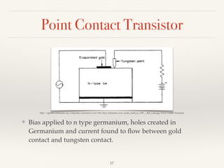 Point Contact Transistor
❖ Bias applied to n type germanium, holes created in
Germanium and current found to ﬂow between gold
contact and tungsten contact.
17
http://upload.wikimedia.org/wikipedia/commons/e/e5/The_First_Transistor_ever_made,_built_in_1947_-_Bell_Labs.jpg, Point Contact Transistor
 