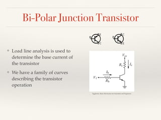 Bi-Polar Junction Transistor
❖ Load line analysis is used to
determine the base current of
the transistor
❖ We have a family of curves
describing the transistor
operation
Eggleston, Basic Electronics for Scientists and Engineers
 