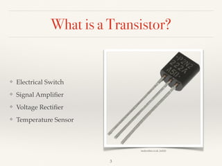 What is a Transistor?
❖ Electrical Switch
❖ Signal Ampliﬁer
❖ Voltage Rectiﬁer
❖ Temperature Sensor
3
tandyonline.co.uk, 2n2222
 