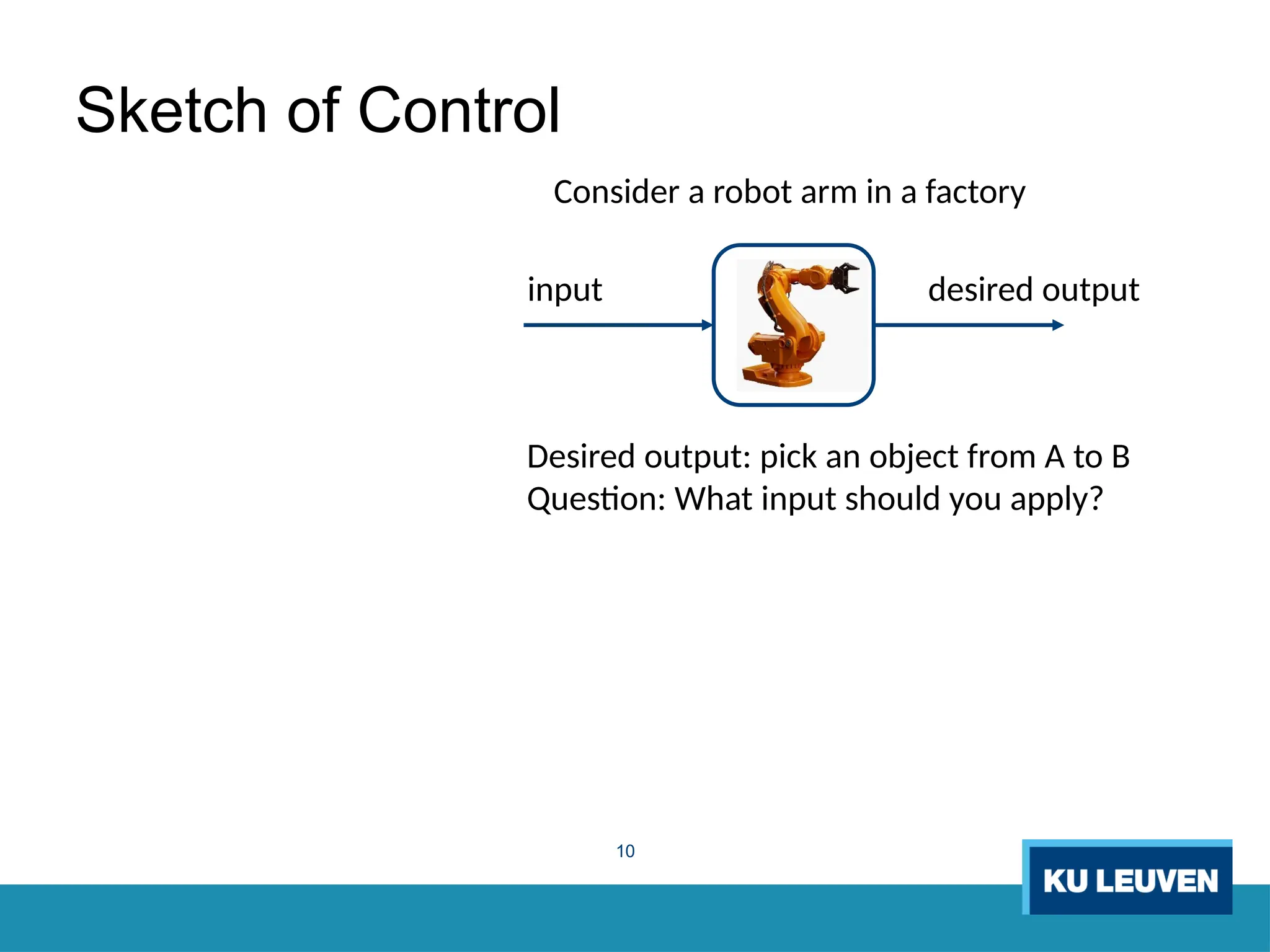 10
Desired output: pick an object from A to B
Question: What input should you apply?
input desired output
Consider a robot arm in a factory
Sketch of Control
 