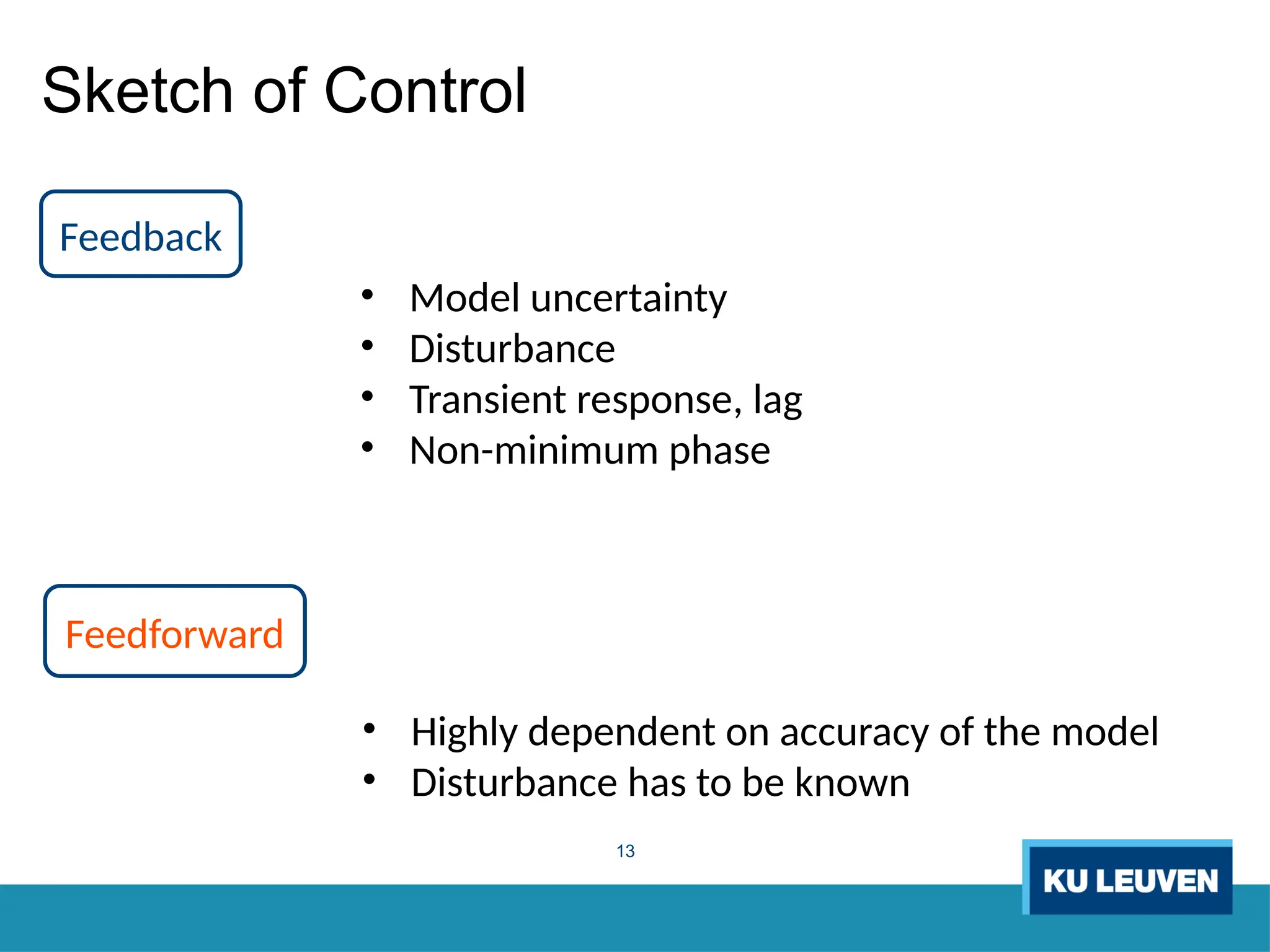 13
Sketch of Control
• Model uncertainty
• Disturbance
• Transient response, lag
• Non-minimum phase
• Highly dependent on accuracy of the model
• Disturbance has to be known
Feedback
Feedforward
 