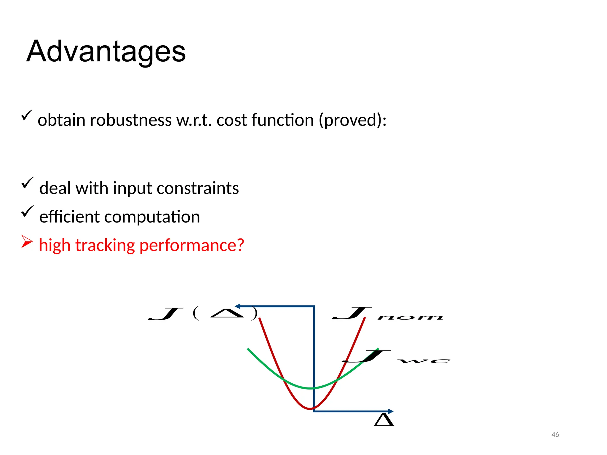 46
Advantages
 obtain robustness w.r.t. cost function (proved):
 deal with input constraints
 efficient computation
 high tracking performance?
𝐽 ( ∆ )
∆
𝐽 wc
𝐽 nom
 