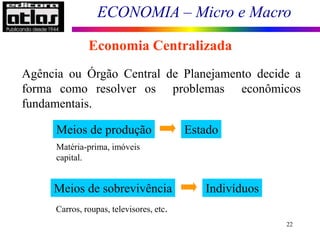 ECONOMIA – Micro e Macro
22
Economia Centralizada
Agência ou Órgão Central de Planejamento decide a
forma como resolver os problemas econômicos
fundamentais.
Meios de produção Estado
Matéria-prima, imóveis
capital.
Meios de sobrevivência Indivíduos
Carros, roupas, televisores, etc.
 