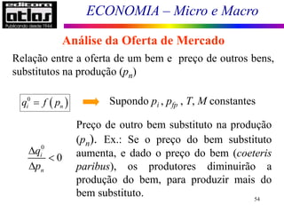 ECONOMIA – Micro e Macro
54
Análise da Oferta de Mercado
Relação entre a oferta de um bem e preço de outros bens,
substitutos na produção (pn)
Supondo pi , pfp , T, M constantes
Preço de outro bem substituto na produção
(pn). Ex.: Se o preço do bem substituto
aumenta, e dado o preço do bem (coeteris
paribus), os produtores diminuirão a
produção do bem, para produzir mais do
bem substituto.
 
0
i n
q f p

0
0
i
n
q
p



 