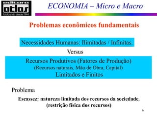 ECONOMIA – Micro e Macro
6
Problemas econômicos fundamentais
Necessidades Humanas: Ilimitadas / Infinitas.
Recursos Produtivos (Fatores de Produção)
(Recursos naturais, Mão de Obra, Capital)
Limitados e Finitos
Problema
Escassez: natureza limitada dos recursos da sociedade.
(restrição física dos recursos)
Versus
 