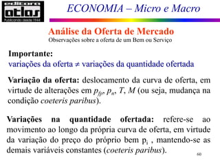 ECONOMIA – Micro e Macro
60
Observações sobre a oferta de um Bem ou Serviço
Variação da oferta: deslocamento da curva de oferta, em
virtude de alterações em pfp, pn, T, M (ou seja, mudança na
condição coeteris paribus).
Variações na quantidade ofertada: refere-se ao
movimento ao longo da própria curva de oferta, em virtude
da variação do preço do próprio bem pi , mantendo-se as
demais variáveis constantes (coeteris paribus).
Análise da Oferta de Mercado
Importante:
variações da oferta  variações da quantidade ofertada
 