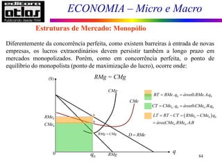 ECONOMIA – Micro e Macro
84
Diferentemente da concorrência perfeita, como existem barreiras à entrada de novas
empresas, os lucros extraordinários devem persistir também a longo prazo em
mercados monopolizados. Porém, como em concorrência perfeita, o ponto de
equilíbrio do monopolista (ponto de maximização do lucro), ocorre onde:
RMg = CMg
Estruturas de Mercado: Monopólio
($)
q
CMg
CMe
D RMe

0
q RMg
0
CMe
0
RMe
RMg CMg

B
A
0 0
. 0. . .
RT RMe q área RMe Aq
 
0 0 0 0
. 0. . .
CT CMe q área CMe B q
 
 
0 0 0
0 0
. . .
LT RT CT RMe CMe q
áreaCMe RMe A B
   

0
 