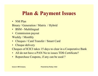 Plan & Payment Issues
• NM Plan
Binary / Generation / Matrix / Hybrid
• BSM - Multilingual
• Commission payout
Weekly / Monthly
• Cheques / Card Transfer / Smart Card
• Cheque delivery
Cheques of ICICI takes 15 days to clear in a Cooperative Bank
• All do not have a PAN No to issues TDS Certificate?
• Repurchase Coupons, if any can be used ?


Issues in NM Company   Presented by Pankaj L Shah
 