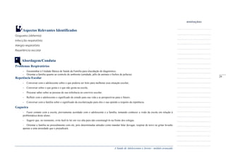 A Saúde de Adolescentes e Jovens - módulo avançado
Aspectos Relevantes Identificados
Gagueira (disfemia)
Infecção respiratória
Alergia respiratória
Repetência escolar
Abordagem/Conduta
Problemas Respiratórios
- Encaminhar à Unidade Básica de Saúde da Família para elucidação de diagnóstico;
- Orientar a família quanto ao controle do ambiente (umidade, pêlo de animais e bichos de pelúcia).
Repetência Escolar
- Conversar com o adolescente sobre o que poderia ser feito para melhorar essa situação escolar;
- Conversar sobre o que gosta e o que não gosta na escola;
- Procurar saber sobre as pessoas de sua referência no convívio escolar;
- Refletir com o adolescente o significado do estudo para sua vida e as perspectivas para o futuro;
- Conversar com a família sobre o significado da escolarização para eles e sua opinião a respeito da repetência.
Gagueira
- Fazer contato com a escola, previamente acordado com o adolescente e a família, tentando conhecer a visão da escola em relação à
problemática deste aluno;
- Sugerir que, no momento, evite fazê-lo ler em voz alta para não constrangê-lo na frente dos colegas.
- Orientar a família no procedimento com ele, pois determinadas atitudes como mandar falar devagar, respirar de novo ou gritar levarão
apenas a uma ansiedade que o prejudicará.
_____
29
 