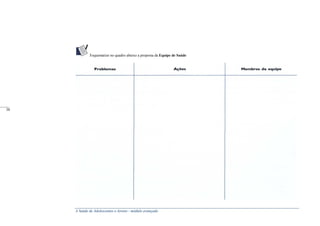 A Saúde de Adolescentes e Jovens - módulo avançado
Esquematize no quadro abaixo a proposta da Equipe de Saúde
_____
38
 