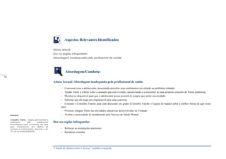 A Saúde de Adolescentes e Jovens - módulo avançado
Glossário
Conselho Tutelar – órgão permanente e
autônomo, não jurisdicional,
encarregado pela sociedade de zelar
pelo cumprimento dos direitos de
crianças e adolescentes, segundo o art.
131 da Lei Federal 8069/90.
Aspectos Relevantes Identificados
Abuso sexual
Dor na região infrapatelar
Abordagem inadequada pelo profissional de saúde
Abordagem/Conduta:
Abuso Sexual/ Abordagem inadequada pelo profissional de saúde
– Conversar com o adolescente, procurando perceber seus sentimentos em relação ao problema relatado;
– Ajudar Almir a refletir sobre a situação que está vivendo, incentivando-o a encontrar as suas próprias soluções de forma autônoma;
– Mostrar-se disponível para que o adolescente possa procurá-lo sempre que sentir necessidade;
– Solicitar que ele traga seu responsável para uma conversa;
– Contatar o Conselho Tutelar para uma discussão em grupo (Conselho Tutelar e Equipe de Saúde) sobre a melhor forma de agir neste
caso;
– Procurar integrar Almir nas atividades educativas desenvolvidas na Unidade;
– Avaliar a necessidade de atendimento pelo Serviço de Saúde Mental.
Dor na região infrapatelar
– Reforçar as orientações anteriores;
– Remarcar consulta.
_____
56
 