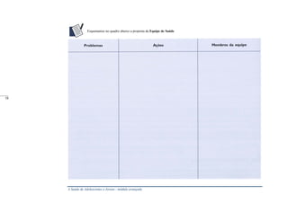 A Saúde de Adolescentes e Jovens - módulo avançado
Esquematize no quadro abaixo a proposta da Equipe de Saúde
_____
58
 