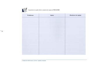 A Saúde de Adolescentes e Jovens - módulo avançado
Esquematize no quadro abaixo a proposta da equipe do NESA/UERJ
_____
64
 