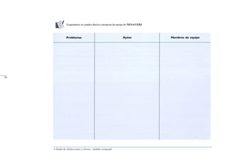 A Saúde de Adolescentes e Jovens - módulo avançado
Esquematize no quadro abaixo a proposta da equipe do NESA/UERJ
_____
76
 