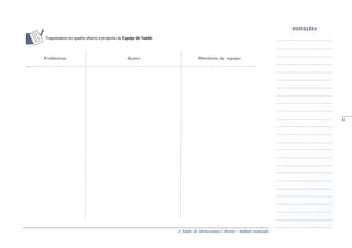 A Saúde de Adolescentes e Jovens - módulo avançado
Esquematize no quadro abaixo a proposta da Equipe de Saúde
_____
81
 