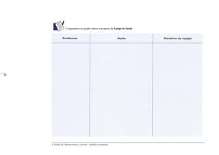 A Saúde de Adolescentes e Jovens - módulo avançado
Esquematize no quadro abaixo a proposta da Equipe de Saúde
_____
88
 